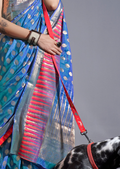 Steel Blue Zari Woven Pure Handloom Gadwal Banarasi Silk Saree