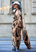 Deep Beige Woven Digital Printed Pure Satin Crepe Silk Saree