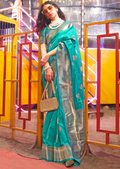 Turquoise Green Woven Handloom Kanjivaram Banarasi Silk Saree