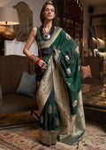 Bottle Green Zari Woven Pure Khaddi Banarasi Georgette Saree