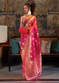 Deep Pink Zari Woven Handloom Pure Banarasi Satin Silk Saree