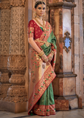Jade Green & Red Zari Woven Kanjivaram Paithani Silk Saree