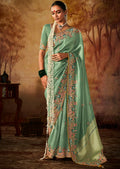 Tiffany Green Zari Woven Heavy Embroidered Designer Kanjivaram Silk Saree