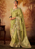 Pear Green Zari Woven Heavy Embroidered Designer Kanjivaram Silk Saree