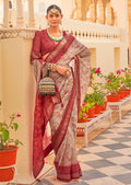 Cloud Grey & Red Woven Chiffon Patola Saree