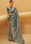 TEAL GREEN WOVEN CHIKANKARI LUCKNOWI COTTON SAREE