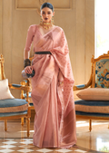 PEACH PINK ZARI WOVEN PURE HANDLOOM KHICHA TISSUE SILK SAREE