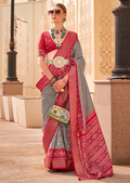 Grey & Red Woven Patola Silk Saree