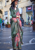 Bottle Green Woven Digital Printed Crepe Silk Saree