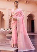 POWDER PINK WOVEN PURE HANDLOOM LINEN SAREE