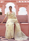 CREAM WHITE WOVEN PURE HANDLOOM LINEN SAREE