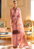 CARNATION PINK ZARI WOVEN PURE HANDLOOM KHICHA TISSUE SILK SAREE