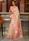 Ivory Off White Woven Pure Handloom Linen Saree