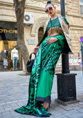Jade Green Woven Digital Printed Pure Satin Crepe Silk Saree