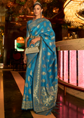 Deep Sky Blue Zari Woven Pure Handloom Banarasi Silk Saree