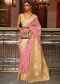 Carnation Pink Woven Pure Handloom Linen Saree