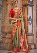 Olive Green & Red Zari Woven Kanjivaram Paithani Silk Saree