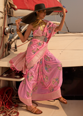 Carnation Pink Woven Pure Handloom Chinon Chiffon Banarasi Saree