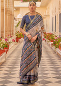 Grey & Blue Woven Chiffon Patola Saree