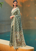 Moss Green Woven handloom Chanderi Cotton Saree