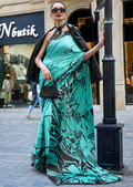 Cyan Blue Woven Digital Printed Pure Satin Crepe Silk Saree