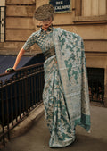 Pine Green Woven Handloom Chikankari Lucknowi Organza Silk Saree
