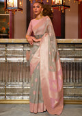 Sage Green Woven Pure Handloom Linen Saree