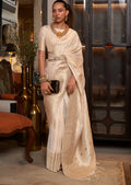 Pearl White Zari Woven Pure Khaddi Banarasi Georgette Saree