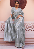 CLOUD GRAY WOVEN PURE HANDLOOM LINEN SAREE