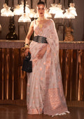 Pearl White Zari Woven Handloom Pure Linen Saree
