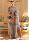 SLATE GRAY ZARI WOVEN PURE HANDLOOM KHICHA TISSUE SILK SAREE