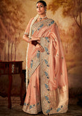 Peach Zari Woven Heavy Embroidered Designer Kanjivaram Silk Saree