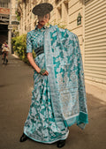 Turquoise Blue Woven Handloom Chikankari Lucknowi Organza Silk Saree