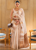 WHITE ZARI WOVEN PURE HANDLOOM KHICHA TISSUE SILK SAREE