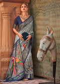 Grey & Blue Woven Paithani Silk Saree