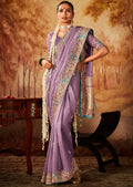 Lilac Purple Zari Woven Heavy Embroidered Designer Kanjivaram Silk Saree
