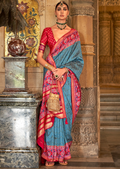 Teal Blue Woven Royal Traditional Patola Silk Saree