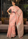 Peach Zari Woven Pure Handloom Linen Silk Saree
