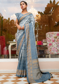 Powder Blue Woven Pure Handloom Khaddi Jute Silk Saree