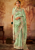 Pistachio Green Zari Woven Heavy Embroidered Designer Kanjivaram Silk Saree