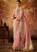 Crepe Pink Zari Woven Heavy Embroidered Designer Kanjivaram Silk Saree