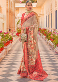 Off White & Coral Red Woven Chiffon Patola Saree