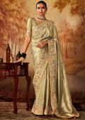 Light Tea Green Zari Woven Heavy Embroidered Designer Kanjivaram Silk Saree
