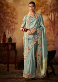 Powder Blue Zari Woven Heavy Embroidered Designer Kanjivaram Silk Saree