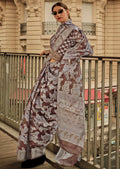 Brown Woven Handloom Chikankari Lucknowi Organza Silk Saree
