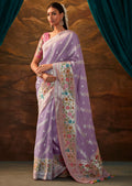 Periwinkle Purple Zari & Resham Woven Designer Banarasi Silk Saree