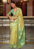 Lime Yellow Woven Pure Handloom Linen Saree