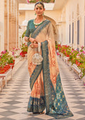 Peach & Teal Green Woven Chiffon Patola Saree