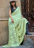 Tea Green Woven Digital Printed Pure Satin Crepe Silk Saree