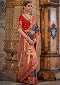 Blue & Red Zari Woven Kanjivaram Paithani Silk Saree